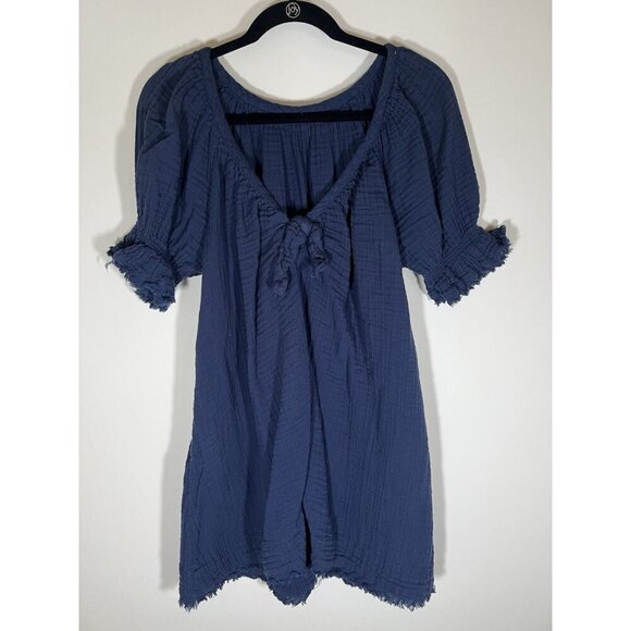 FREE PEOPLE navy gauzy fringe mini dress a-line L festival lightweight boho - Picture 2 of 10